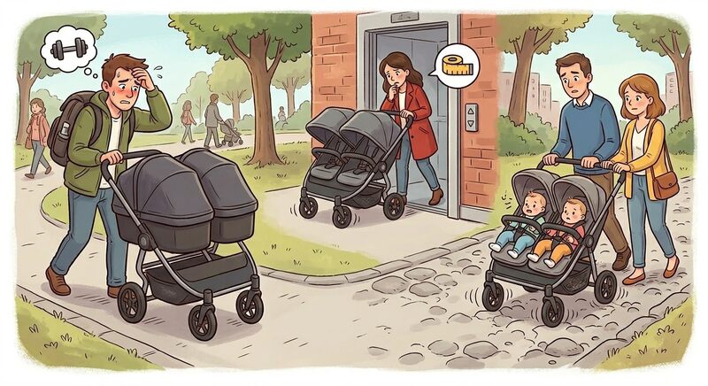 Błędy przy wyborze wózka dla bliźniąt: zbyt duża waga, problem z szerokością w windzie i słaba amortyzacja.